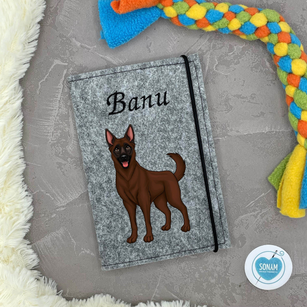 Designbeispiel der Impfpasshülle grau meliert für die Hunderasse Malinois mahagoni